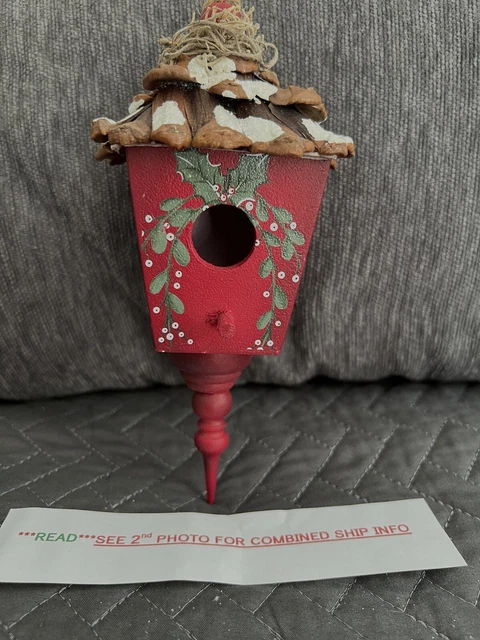 Red Wooden Wood Birdhouse Christmas Tree Ornament Pinecone Petal Roof Holly Leaf
