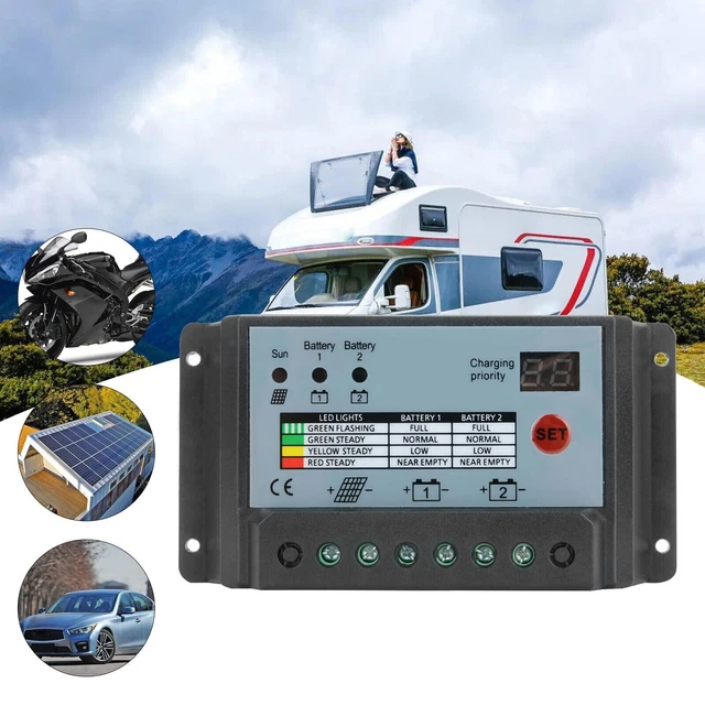 SOLAR PANEL CHARGE Controller Dual Battery Regulator 12V/24V Vehicle ...