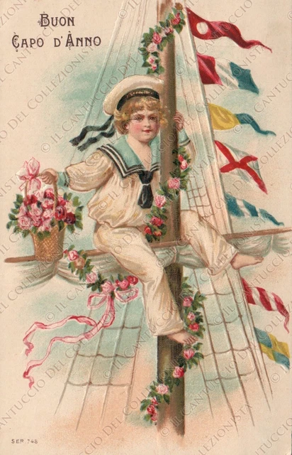 1900c Buon Capo d'Anno Marinaio con cestino fiori Cartolina augurale IN RILIEVO