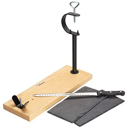 SteelBlade Support à Jambon + Couvre-Jambon Kukuxumusu + Couteau & Aiguiseur – Fabriqué En Espagne – Idéal Jambon & Palette