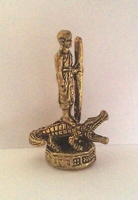 Figure Figurine Amulet Buddha Bonze On Crocodile Brass Cambodia b91