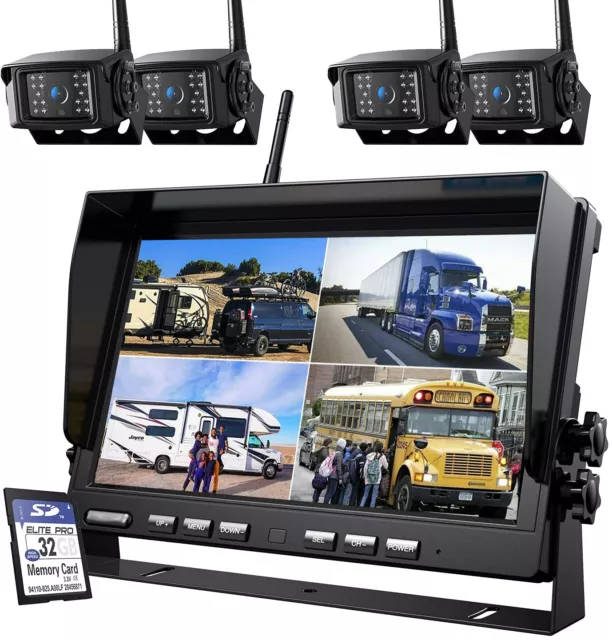 Digital Wireless 10.1 Inch Quad Monitor DVR 4x Backup Reversing Camera 1080P Kit