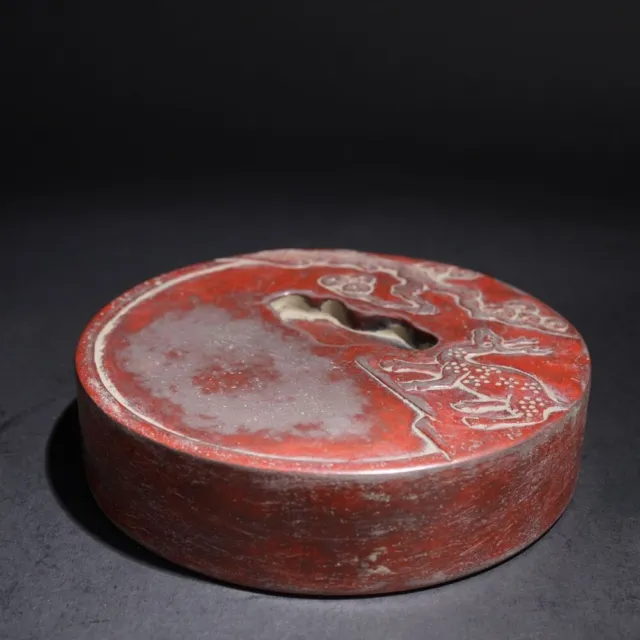 Chinese Antique Red "Duan" Hand Carving Pine and Deer Ink Stone "GaoDanGui"