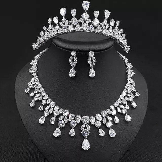 Luxury All CZ Cubic Zirconia Wedding Queen Necklace Earrings Tiara Crown Set