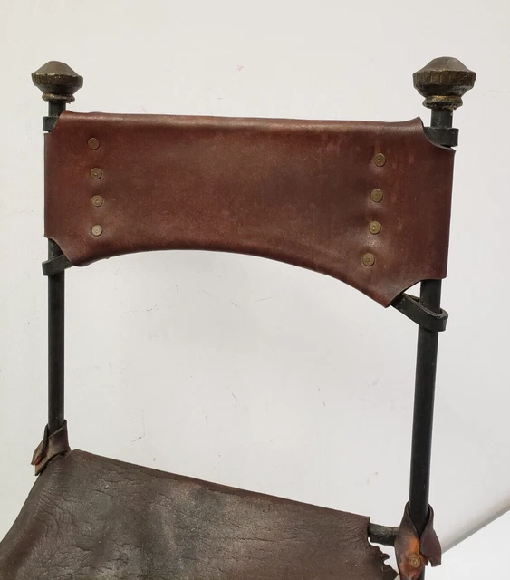 RARE 34.5" Antique 19th Century Wrought Iron & Savonarola Leather Folding Chair 3