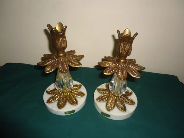 Vintage Pair Brass Candle Holders Italian Marble Base