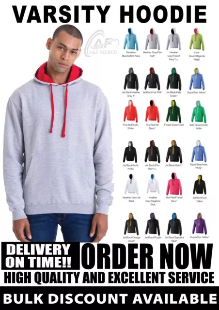 Just Hoods AWDis Varsity Hoodie Plain Pullover Hooded Jumper Casual Gym JH003