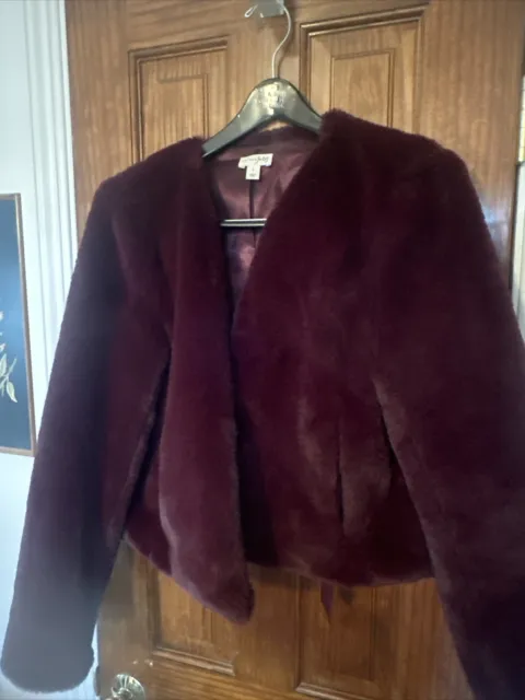 Maison Jules Women’s Faux Fur Cropped Coat Large Burgundy