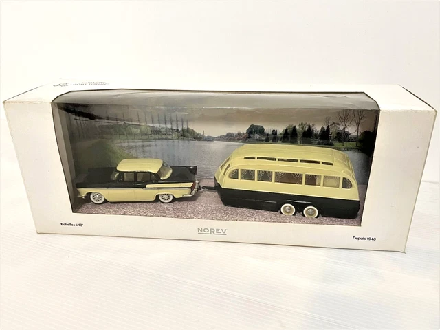 Miniature Norev 91 – Simca Chambord Et Caravane Henon, Rouge Et Beige Rosé, Boîte