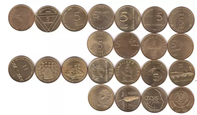 Slovenia / Slowenien - Satz aus 11x 5 Tolarjev Sondermünzen 1993-1997 UNC