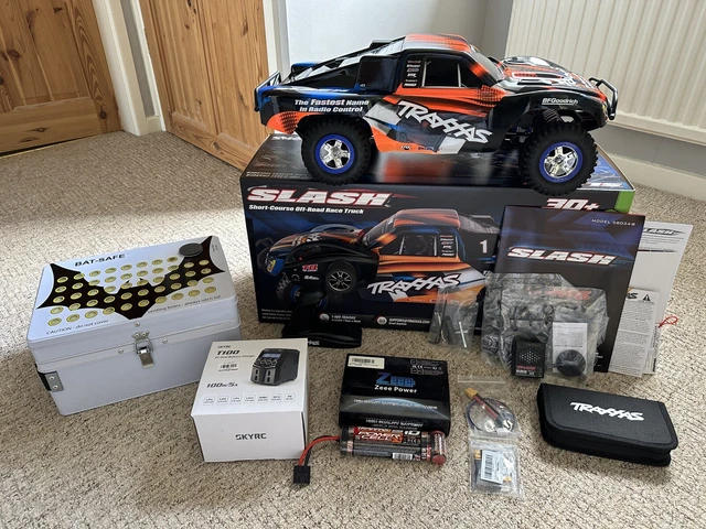 TRAXXAS SLASH ORANGE/BLUE RC Car Truck, Used Once! With Extras Worth