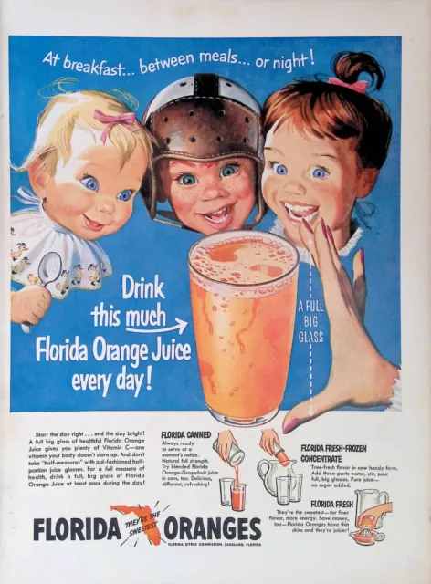 Print Ad 1950's Florida Orange Juice Citrus Kids Hair Bows Football Helmet