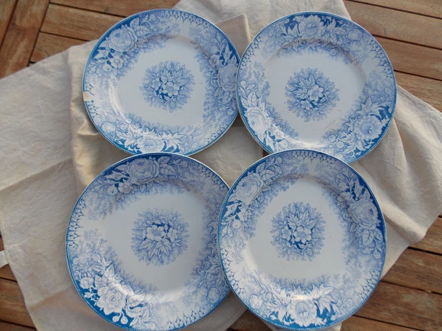 4 Anciennes Assiettes Plates Fleurs Ff Pexonne 19Eme Bleu Terre De Fer St Amand