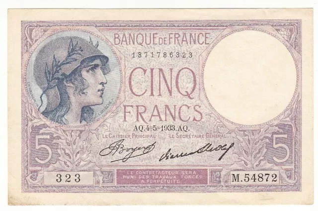 5 FRANCS VIOLET 04-05-1933 SUP Fayette 3.17 (FR1) 5F109