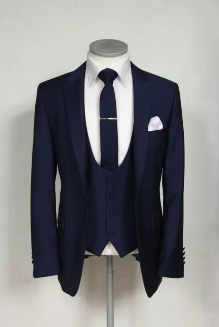 Uomo Blu Firmato Matrimonio lo Sposo Cena Smoking Casual Abito (Giacca + Gilet +