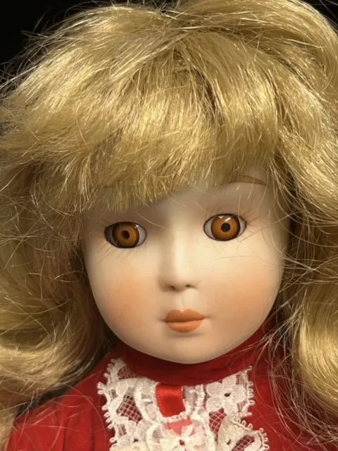 Vintage 16" Musical Porcelain Heritage Doll Blond Hair Red Dress refJ0257