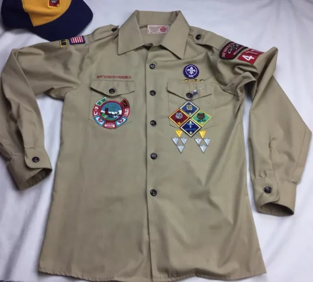 Boy Scouts Of America Tan Youth L Lg (14-16) Long Sleeve Shirt As Is W/ Patches