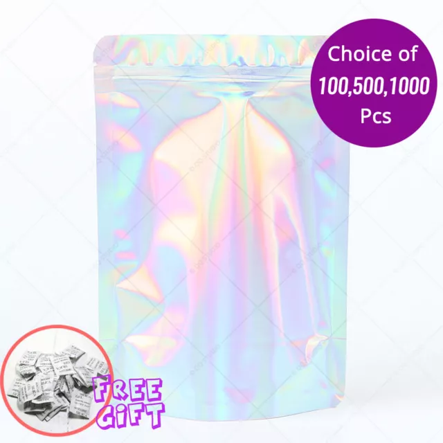 5.5x7.75in Glossy Holographic Silver Foil Mylar Stand Up Zip Lock Bag &Desiccant