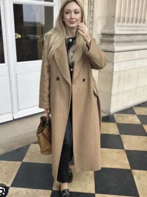 ZARA WOMEN NEW Belted Double Breasted Wool Blend Coat Taupe Brown