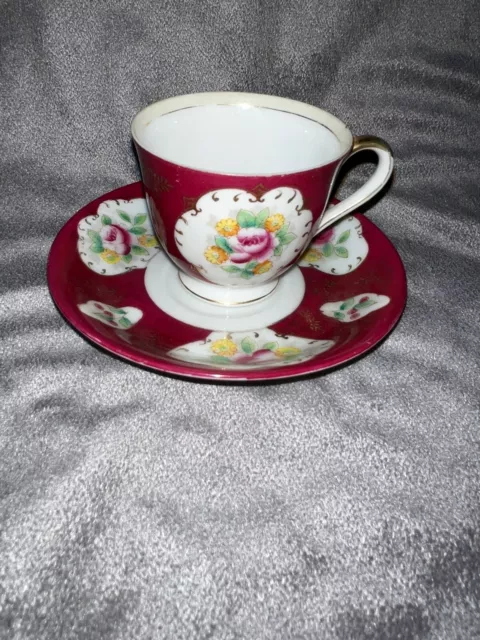 Demitasse Cup Saucer Bone China Roses Gold Vintage Japan Footed Hand Painted