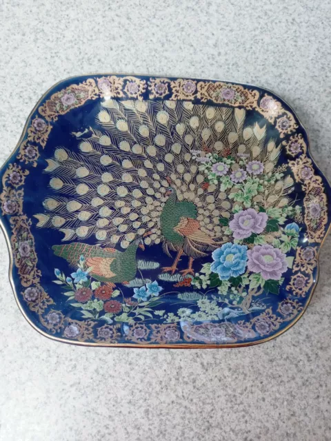 Vintage Chinese Taous Moroccan Wedding Peacock Blue Gold Hand Made Plate 7.5x9"