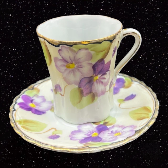 Antique Nippon Tohina Hand Painted Teacup and Saucer Purple Flower Porcelain