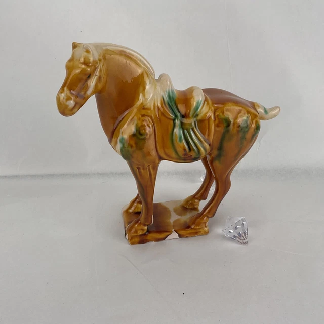 Vtg Chinese Tang Dynasty Drip Style Glaze Ceramic War Horse Figurine brown 6”