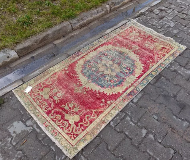 3x5 ANTIQUE ORIENTAL RUG HAND-KNOTTED runner VINTAGE handmade worn RED 3x6