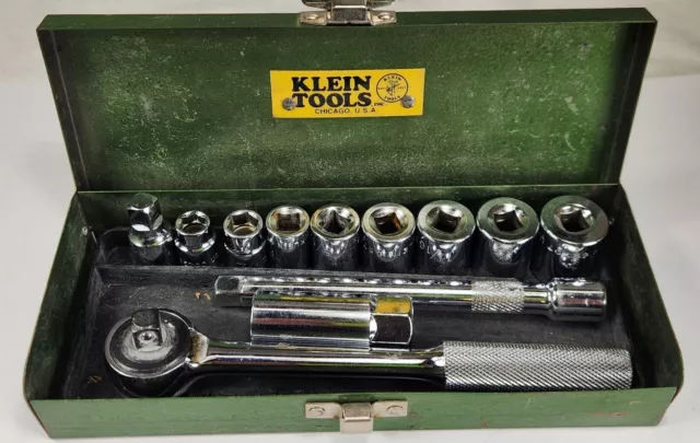 Vintage 12 Piece KLEIN TOOLS 3/8” Drive  Socket Set w/ Green Metal Box