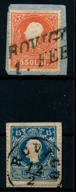 LOMBARDEI-VENETIEN 1858 5sld. TYPE I.! und 15sld. Type II. Versc. ROVIGO