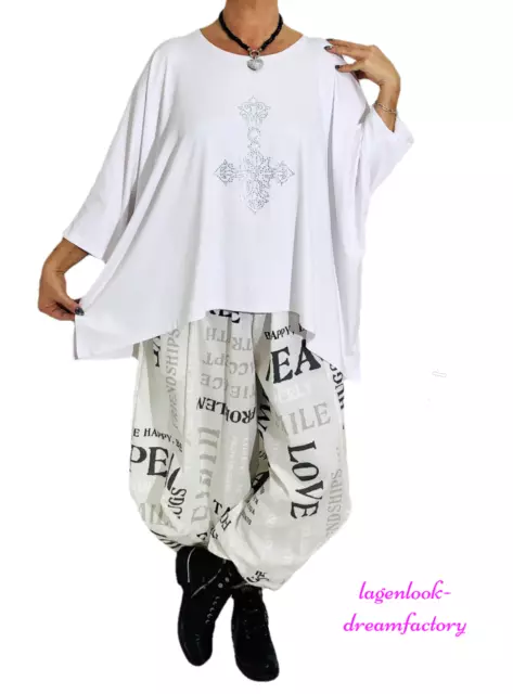 MYO-Lagenlook Oversize Big-Kasten-Shirt WEISS STRASS-KREUZ 44,46,48,50,52,54,56