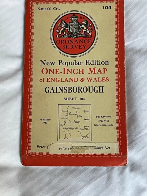 OS Ordnance Survey One Inch Cloth Map, Gainsborough, Sheet 104, 1947