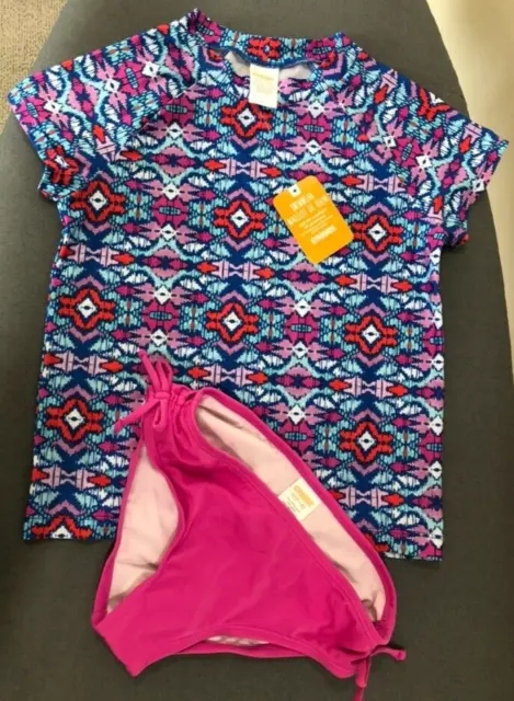 NWT Gymboree Girls Size M 7/8 Blue Pink Print Tee Bikini Bottom Swimsuit UPF 50+