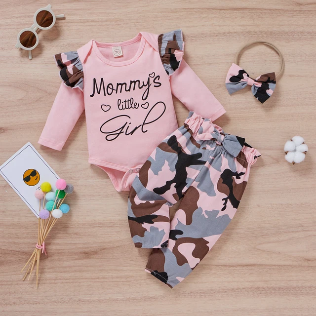 Newborn Baby Girl Clothes Camo Romper Jumpsuit Tops+Pants+ Headband Set Outfit