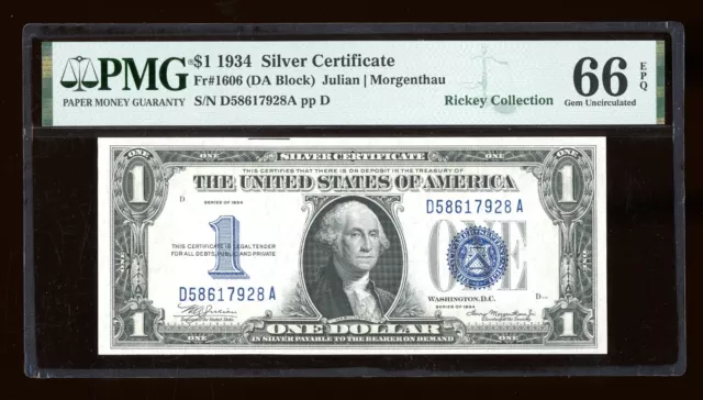 DBR 1934 $1 Silver Funnyback Gem Fr. 1606 DA Block PMG 66 EPQ Serial D58617928A