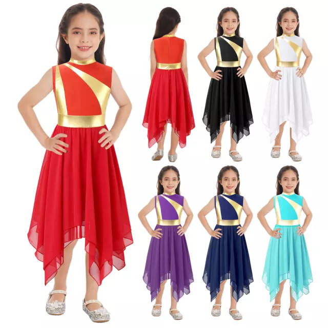 Kids Girls Praise Lyrical Dance Dress Sleeveless Asymmetrical Liturgical Costume