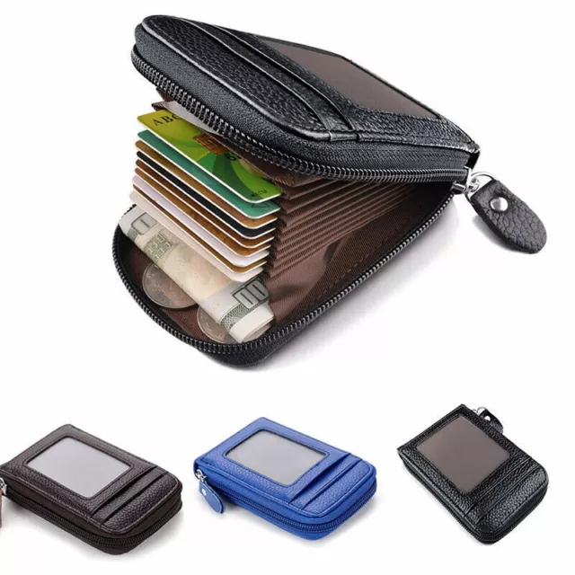 Men Wallet Credit Card Holder Genuine Leather RFID Blocking Zipper Pocket Thin