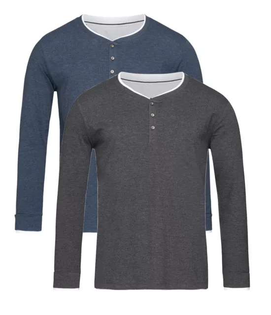 Mens GREY or BLUE Long Sleeve Grandad Henley Buttoned T-Shirt Tshirt