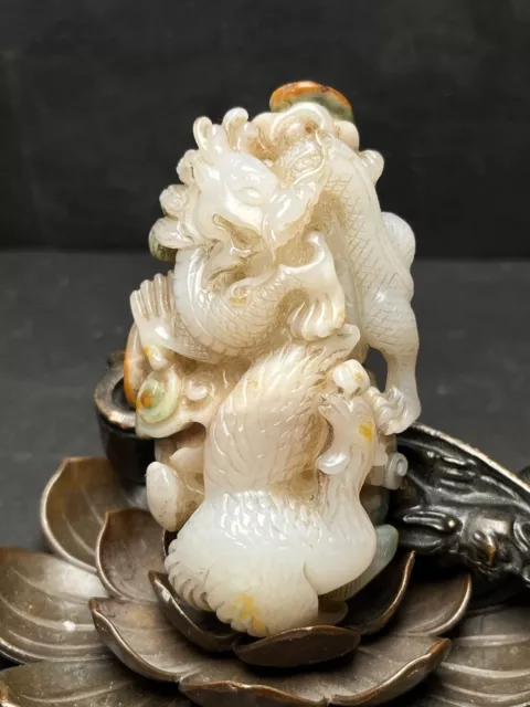 Chinese Exquisite Handmade Dragon Phoenix Carving Hetian Jade Statue