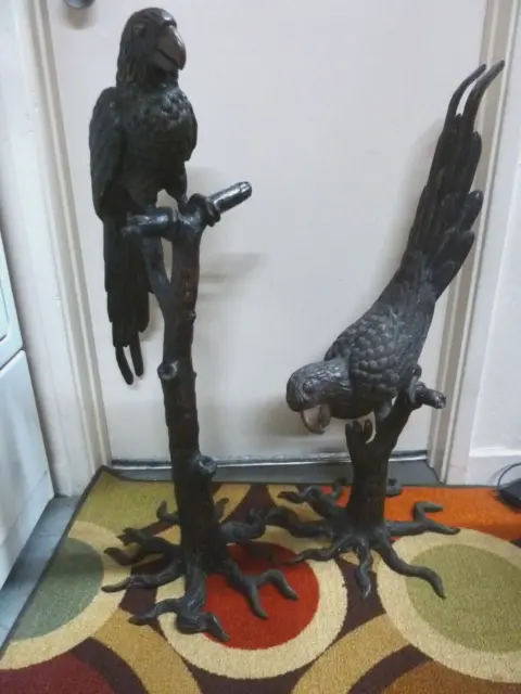 French Art Deco Pair Lifesize Bronze Parrot Bird Sculptures Statues Camille 33"