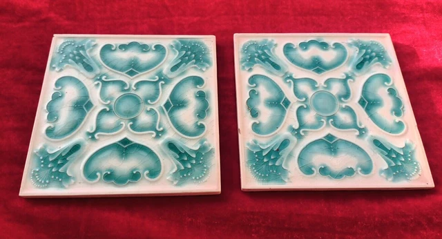 2 Piece Art Deco Flower Design Embossed Majolica Ceramic Tiles Japan 0290 3