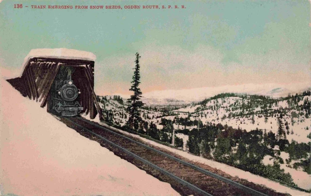 Southern Pacific Railroad Engine Snow Shed Ogden Route SPRR Train Utah Postcard