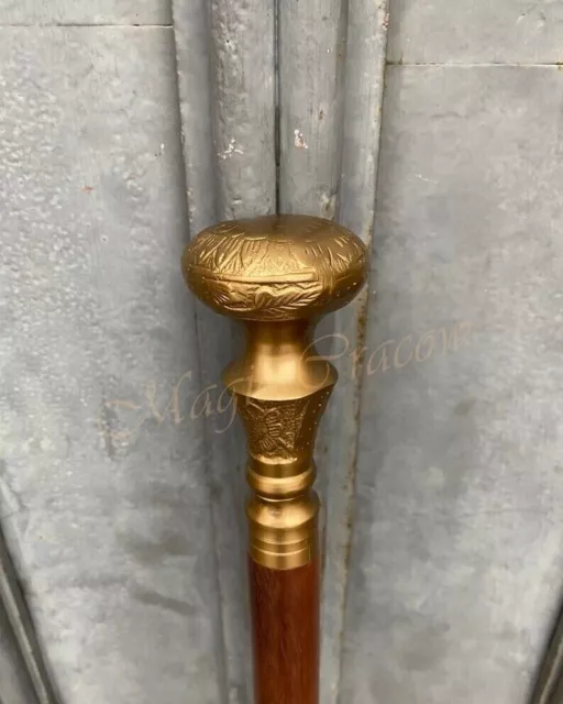 Vintage D'Oro Elegante Ottone Nuovo Design Testa Manico Antico Legno Passeggio