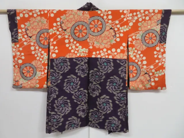 1213i06z480 Vintage Japanese Kimono Silk HAORI Dark purple Flower
