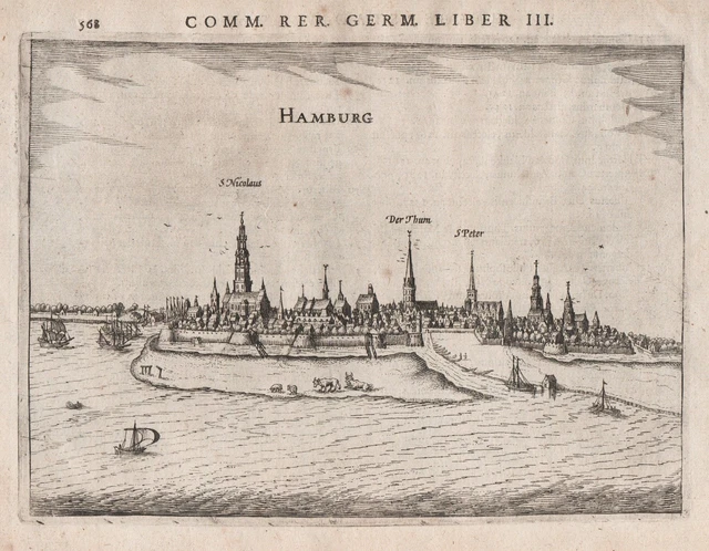 Hamburg Elbe Nordsee Gesamtansicht Kupferstich engraving Bertius 1616