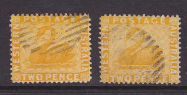 WESTERN AUSTRALIA EARLY 1874 1d Yellow Ochre SWAN X2 FINE USED SG 53 (NM49.5)