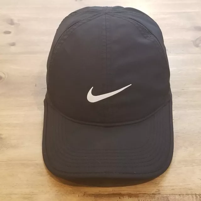 Nike Featherlight Hat Cap Strap Back Black White Swoosh Golf Tennis Running