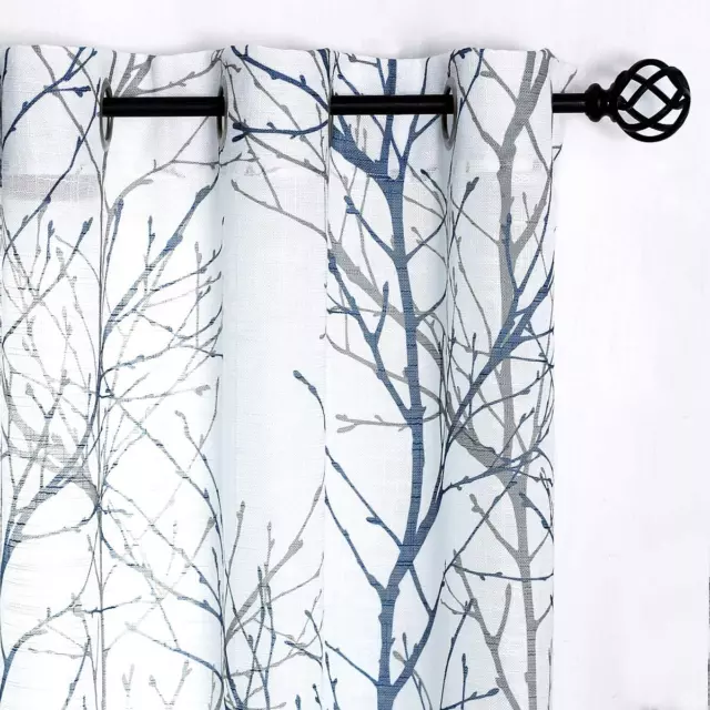 Print Blue White Semi-Sheer Curtain Panels For Bedroom 63” Grey Tree Branch New