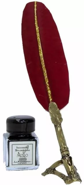 Coles Calligraphy Unisex Feather Brass Pen and Ink Set - Burgundy