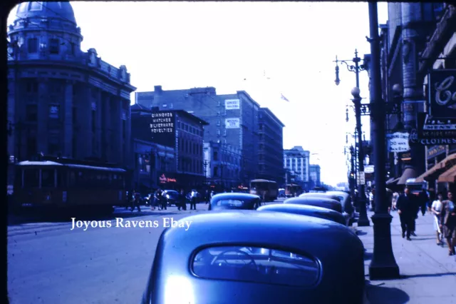 35MM Found Photo Slide Kodachrome Red Border City Trolley Cars Old Cars 1940s